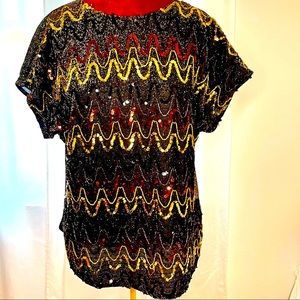 Vintage Sequin Disco Shirt Short Sleeve Gold black Metallic pattern Lightweight
